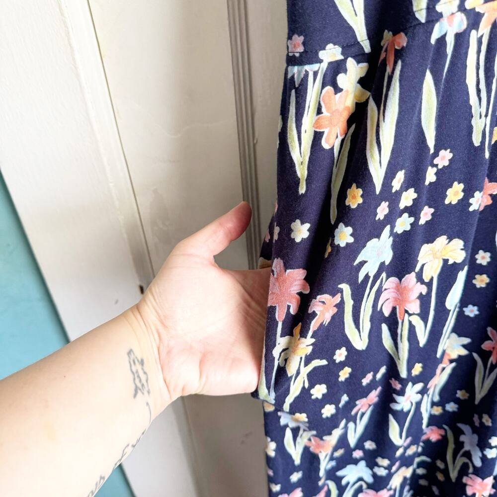 VTG Talbots Floral Maxi Dress Lace Sleeve Detail Tulip Print Navy Short Sleeve L - Picture 9 of 16